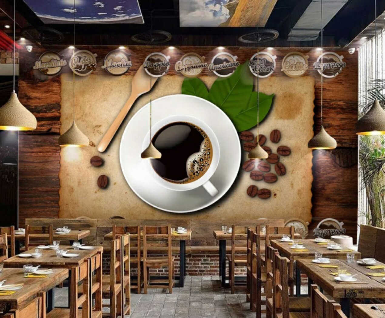 Tranh dán tường 3d quán coffee cf14 với hình ảnh ly cà phê cùng tông màu nâu đen cực chất
